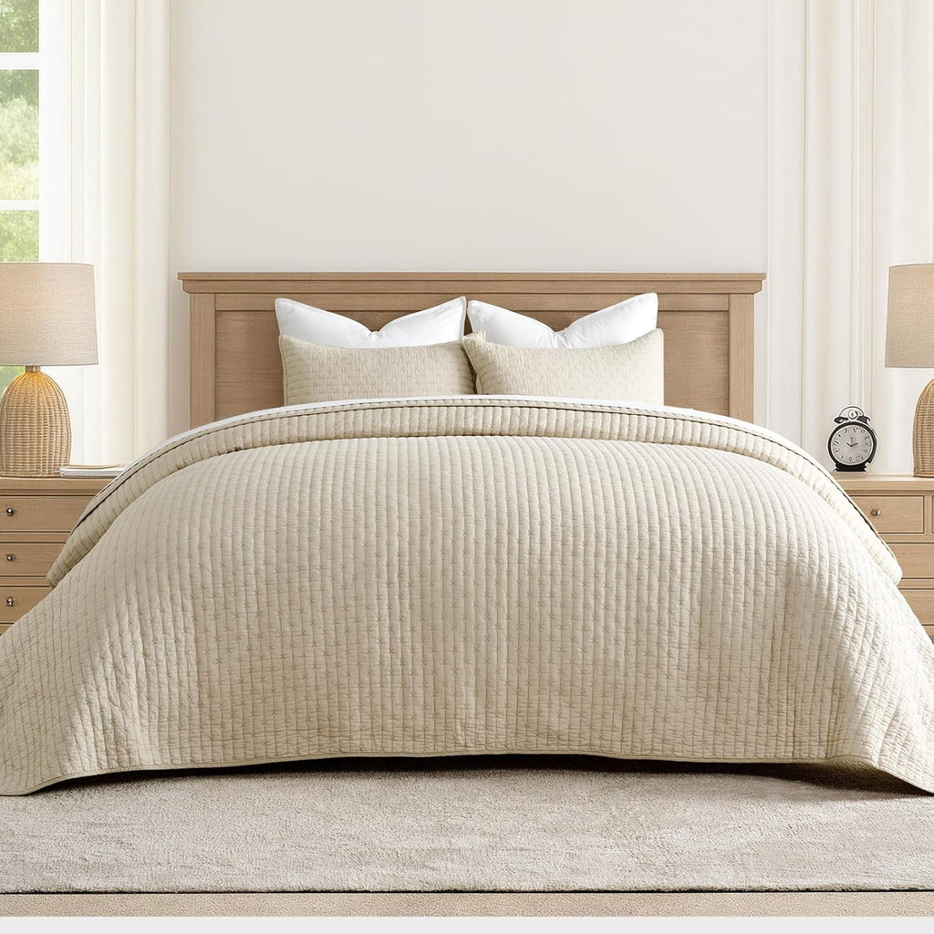 EVERGRACEHOME Cross Stitch Pre-Washed Cotton Quilt Bedding Set King Size, Oversized 3 Pieces Lightweight Bedspread Coverlet for All Season, with 2 Matching Shams, Flax Beige,118'x106' | Cross Stitch