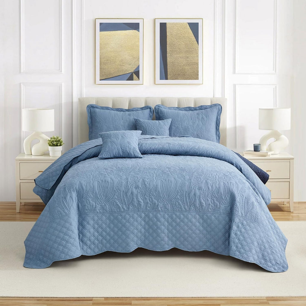 CHIXIN Botanical Oversized Bedspread King Size - Leaves Pattern Stitching Quilt Set - Elegant & Fresh Style Bedding Coverlets, Reversible, Lightweight, 5 Piece, Smokey Blue
