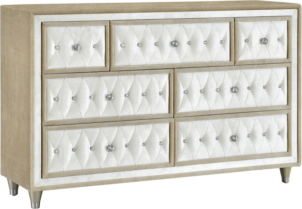 Coaster Home Furnishings Antonella Modern Classic 4-Piece Bedroom Set Velvet Upholstered Queen Size Panel Bed Frame 79-inch Headboard Ivory and Camel 223521Q-S4