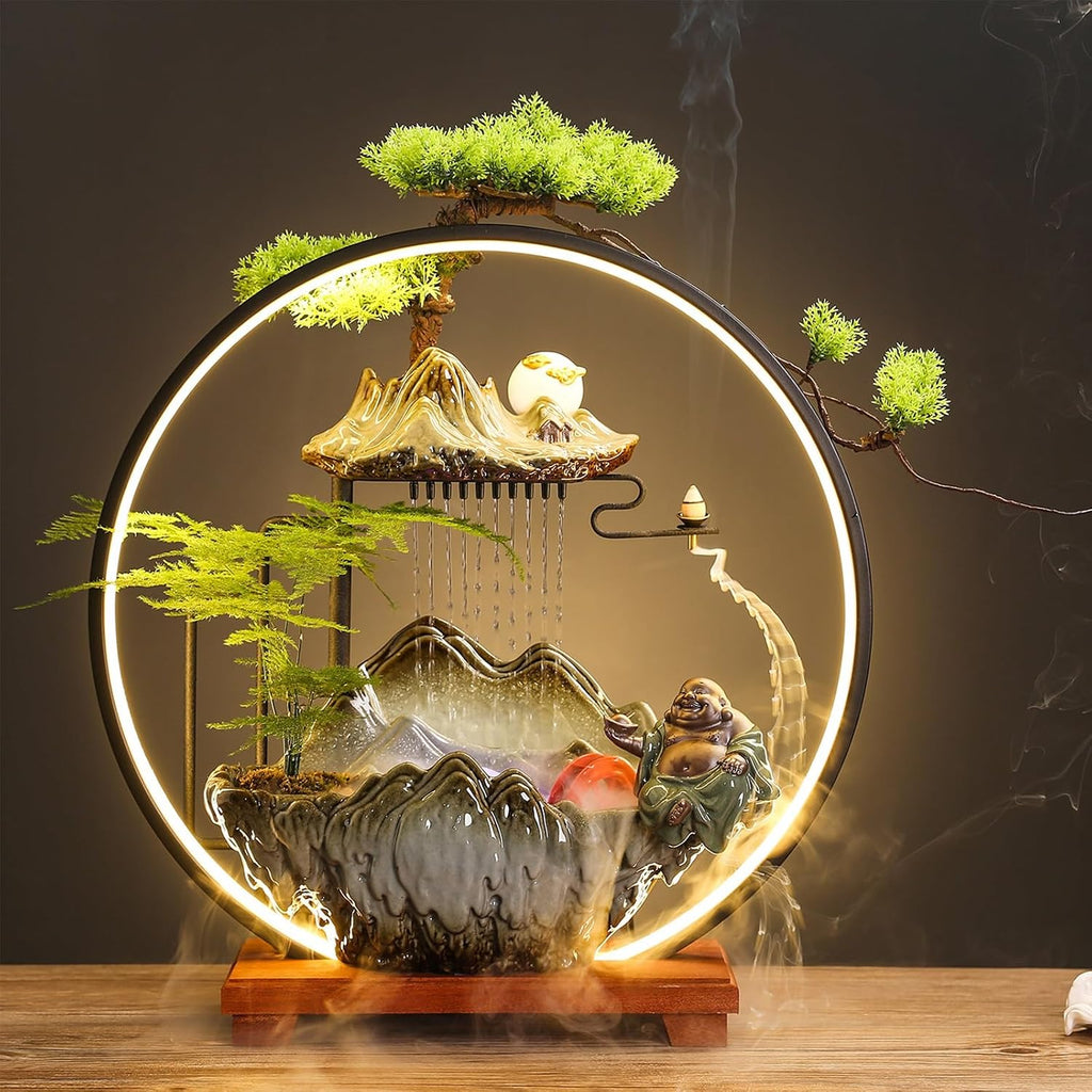Tabletop Fountain with LED Light, Indoor Waterfall Fountain with Water Wheel & Wood Base, Chinese-Style Creative Water Feature for Office Living Room Bedroom(A)