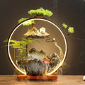 Tabletop Fountain with LED Light, Indoor Waterfall Fountain with Water Wheel & Wood Base, Chinese-Style Creative Water Feature for Office Living Room Bedroom(A)