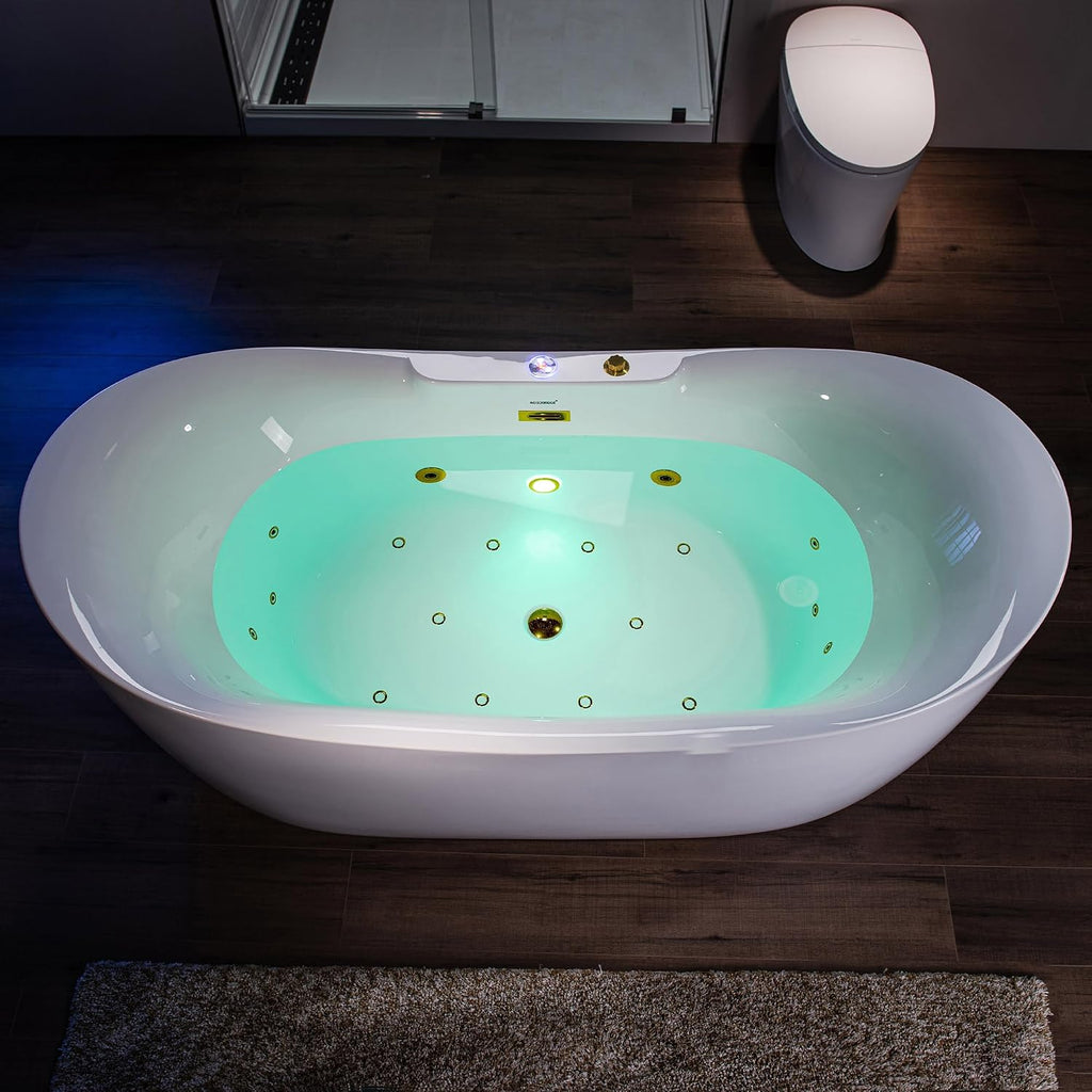 WOODBRIDGE 72' x 35-3/8' Whirlpool and Air Bath Heated Soaking Combination Tub with Adjustable Speed Air Blower and Display Control Panel, Brushed Gold Finish Trim and Drain Kit, BG400