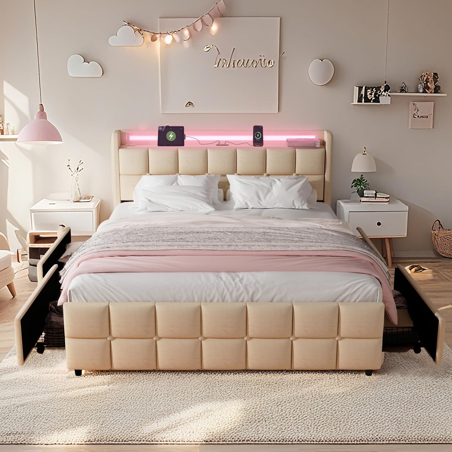 Modern LED Storage Bed with Charging Station All-Metal Platform Bed Frame Featuring 2-Tier Headboard, 4 Storage Drawers, and Easy Assembly(201-Beige, Queen)