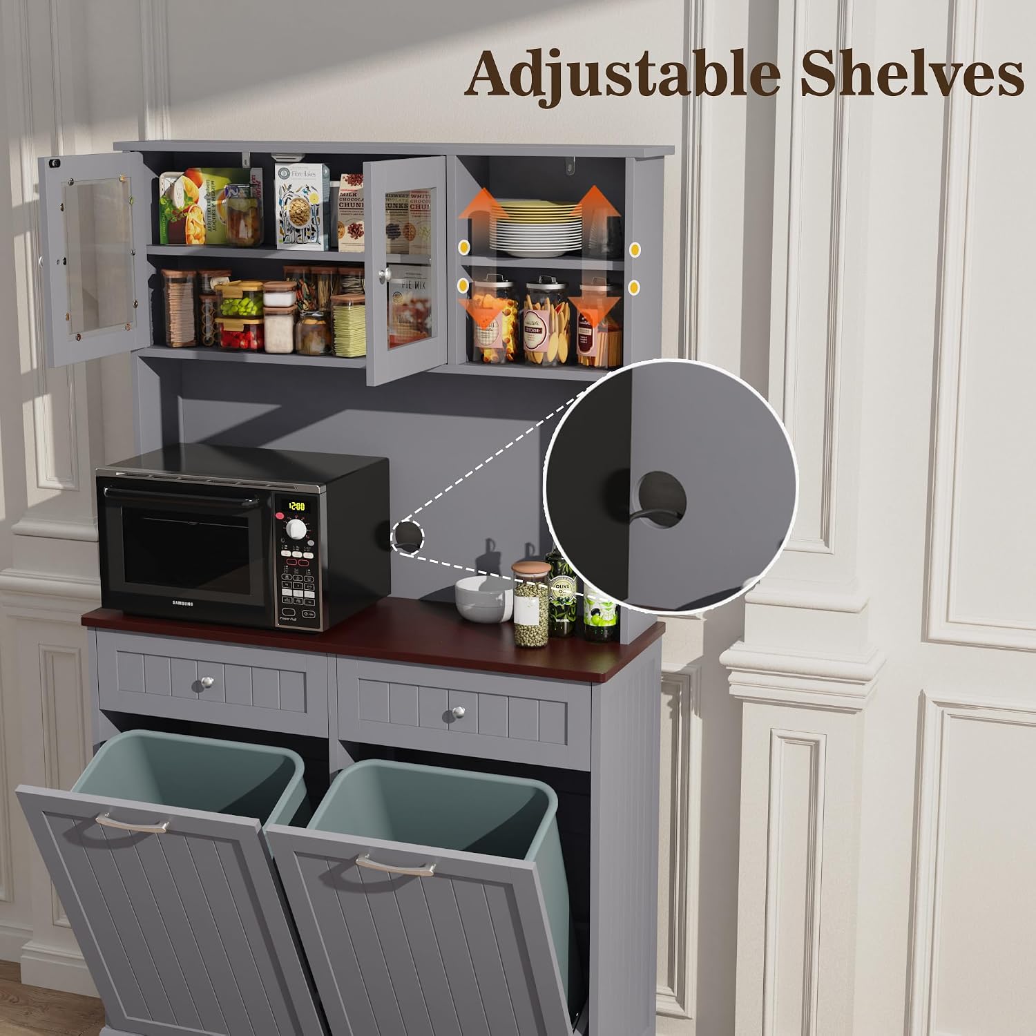 Double Tilt Out Trash Cabinet Storage Cabinet 20 Gallon with Two Solid Wood Hideaway Trash Holder Drawers, Dual Wooden Free Standing Recycling Cabinets Trash Can Bin Kitchen (Gray)