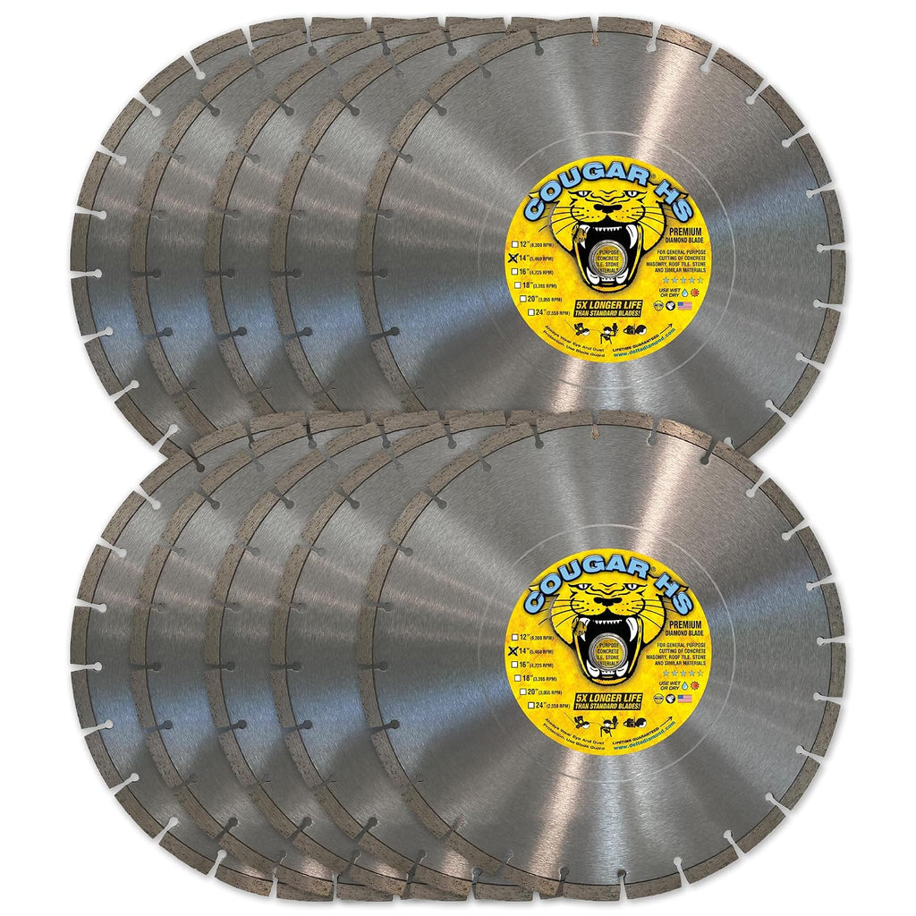Cougar HS 14 Inch 10-Pack Diamond Concrete Saw Blade, Premium General Purpose Segmented Blade, Dry/Wet Cutting Concrete, Masonry, Brick, & Block 1'-20mm Arbor (10 Pcs)