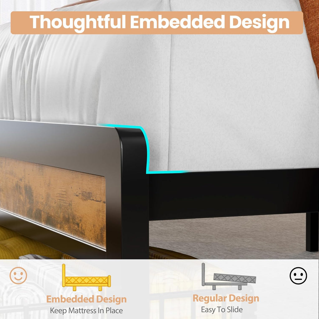 Queen Size Bed Frame with 2 Storage Drawers and LED Lights, Upholstered Headboard with Storage Shelf and Charging Station, Metal Platform Bed Frame Queen Size, Noise Free, No Box Spring Needed
