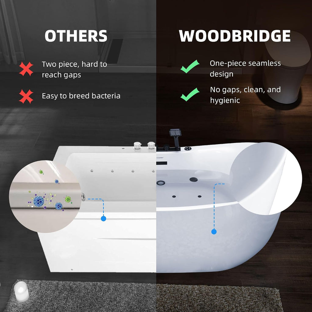 WOODBRIDGE 72' x 35-3/8' Whirlpool and Air Bath Heated Soaking Combination Tub with Adjustable Speed Air Blower, Tub Filler, and LED control panel, Matte Black Finish Trim and Drain Kit,BM-400+F0051