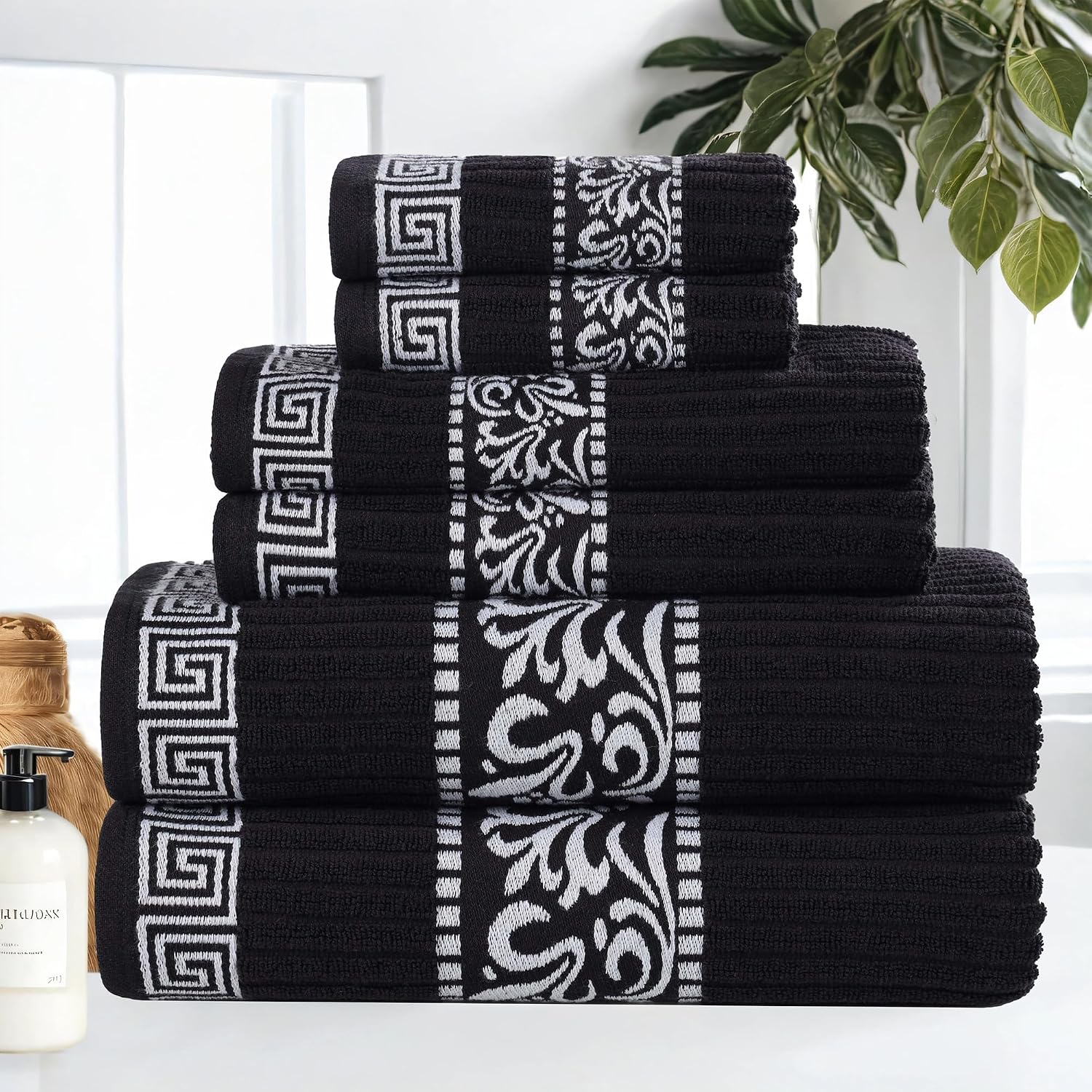 Superior 6-Piece Cotton Towel Set, Decorative Greek Pattern, Home Essentials, Absorbent Towels, Bathroom Decor, Spa, Resort, Includes 2 Hand, 2 Face and 2 Bath Towels, Athens Collection, Black-White