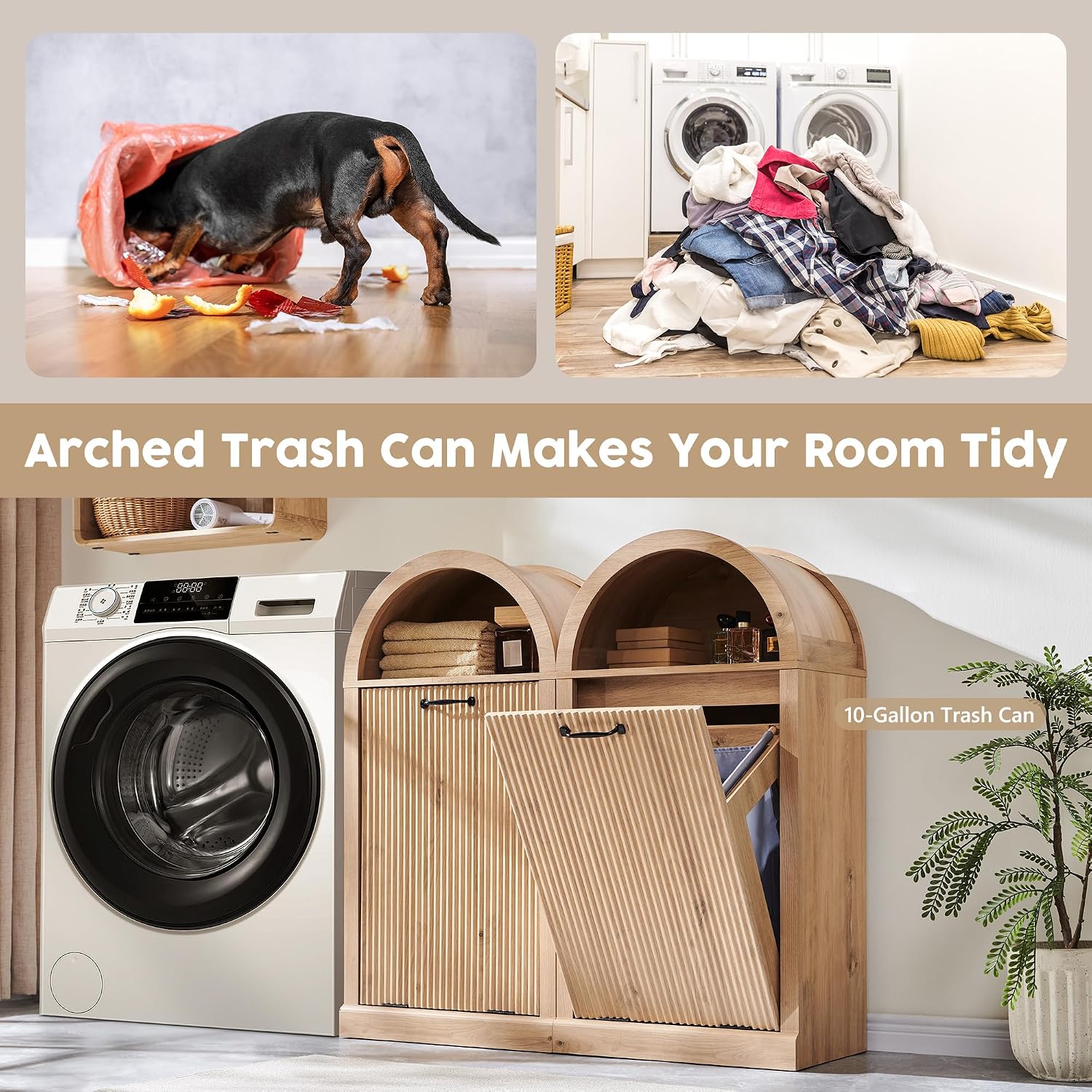 IFGET Arched Tilt-Out Trash Can Cabinet, Fluted 10 Gallon Trash Can with Open Shelf, Modern Laundry Hamper Cabinet, Hidden Garbage Can with Storage Basket for Kitchen, Living Room, Narural