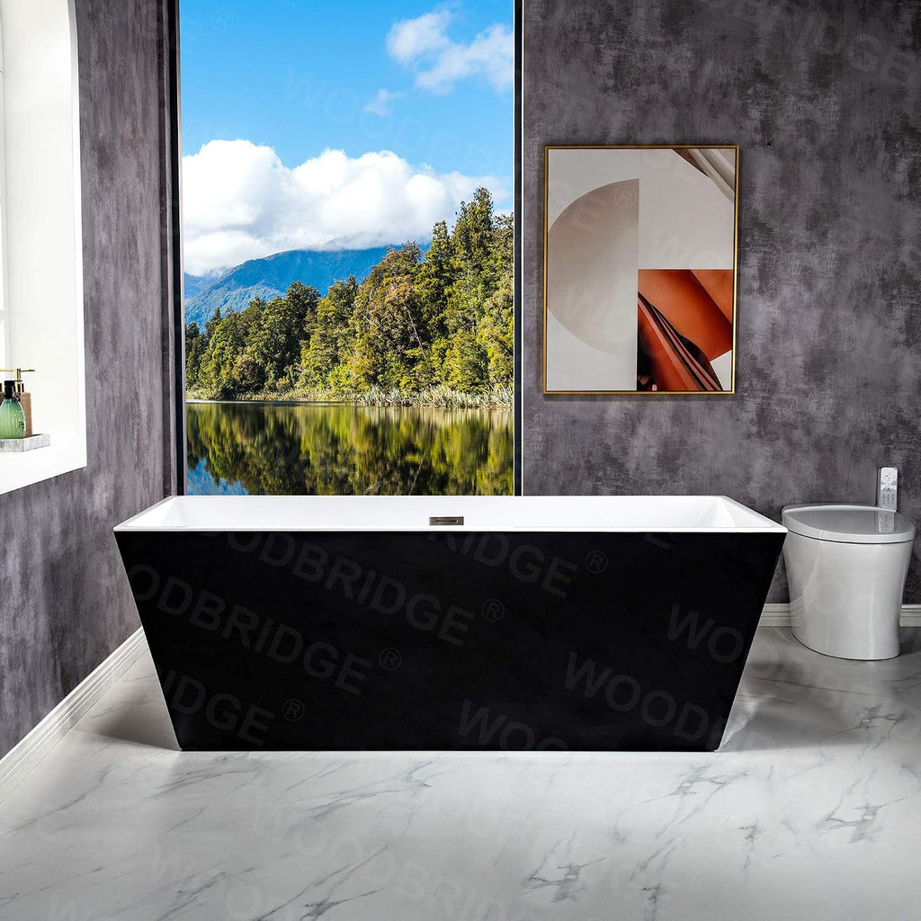 WOODBRIDGE 67' Acrylic Freestanding Bathtub Contemporary Soaking Tub, Black Acrylic (Brushed Nickel Drain/Overflow),B1812 Black -B/N-Drain &O