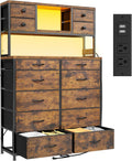 EnHomee 62.8' H Dresser for Bedroom with Multiple Drawers,Fabric Dresser with Charging Station and LED Lights,Dressers & Chests of Drawers for Bedroom, Steel Frame & Wooden Top,Rustic Brown