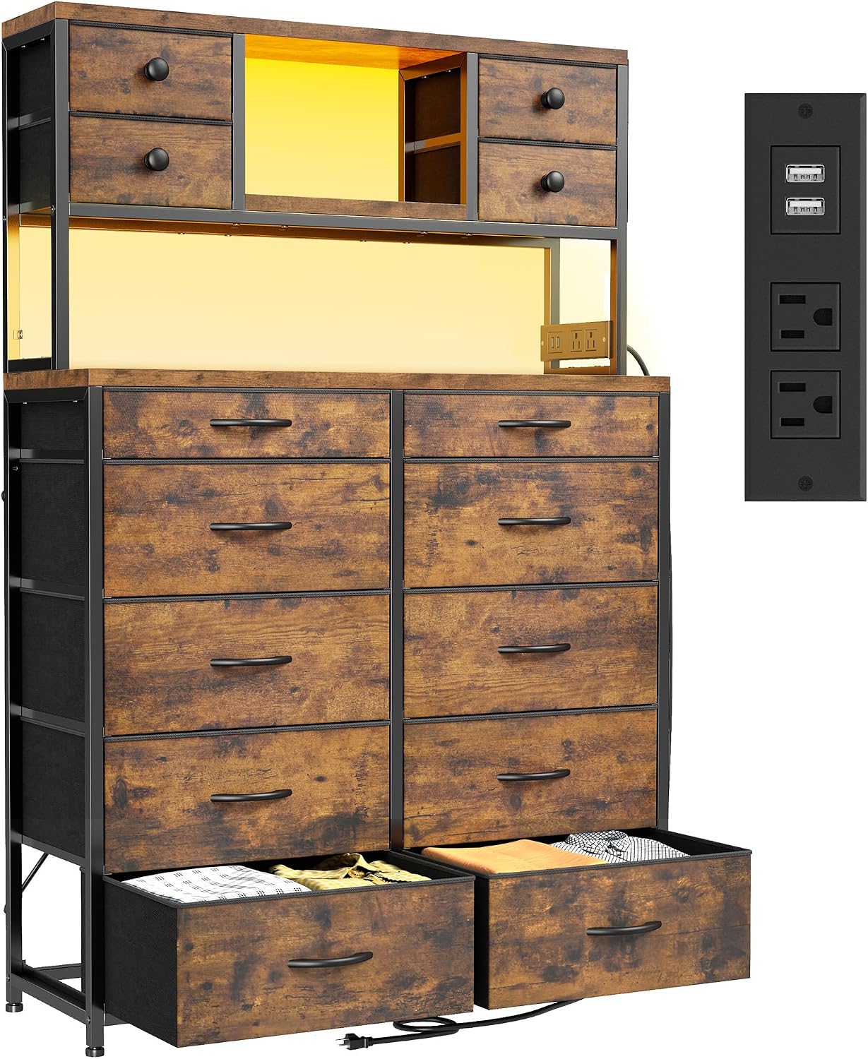 EnHomee 62.8' H Dresser for Bedroom with Multiple Drawers,Fabric Dresser with Charging Station and LED Lights,Dressers & Chests of Drawers for Bedroom, Steel Frame & Wooden Top,Rustic Brown