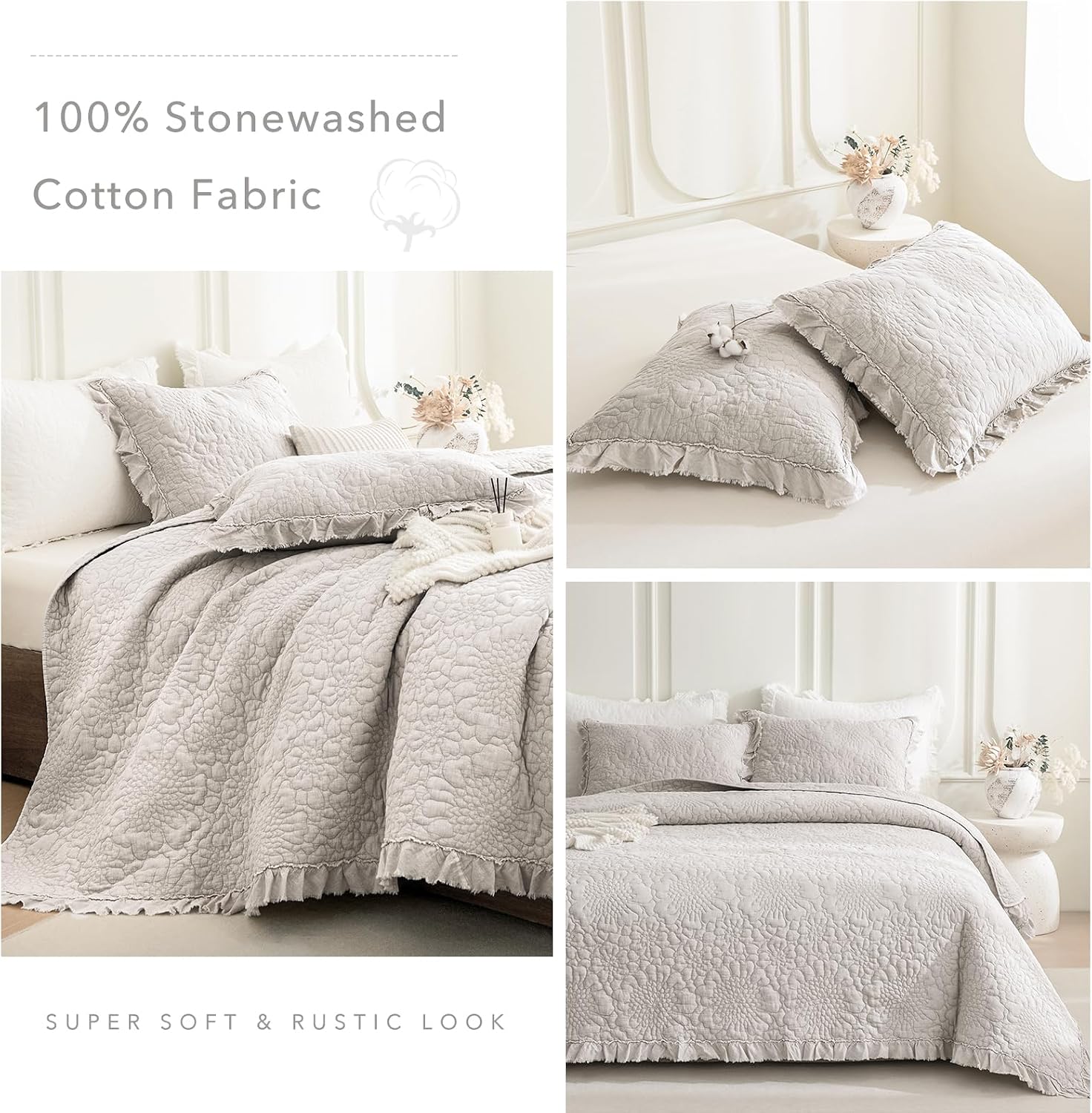 QSH Light Wheat Oversized King Quilt Bedspread Set(120'x120'),3PCs Stonewashed Cotton Ruffled Quilt California King,Ultra Soft Lightweight Crinkled Shabby Farmhouse Chic Bedspread Coverlet Bedding Set