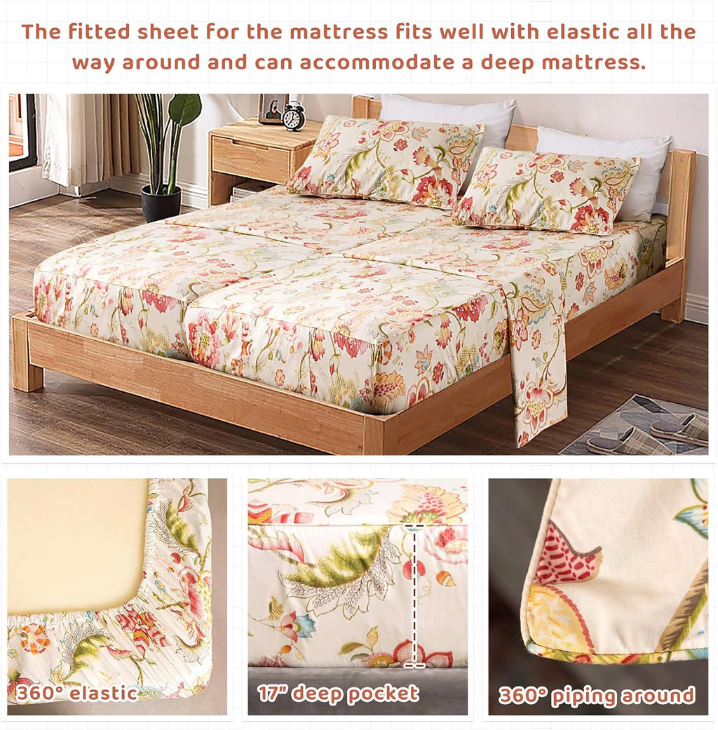 QSH 100% Egyptian Cotton Floral Sheets for Split King Size Bed, Red Yellow Flowers Plant Pattern Botanical Printed Bedding Deep Pockets 17' Soft and Breathable 4pcs