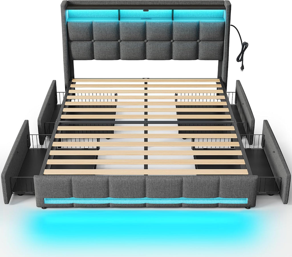 Rolanstar Queen Size Bed Frame with RGB LED Lights & Charging Station, Upholstered Storage Headboard with 4 Drawers, Heavy Duty Metal Frame, No Box Spring Needed, Easy Assembly