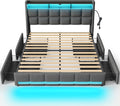Rolanstar Queen Size Bed Frame with RGB LED Lights & Charging Station, Upholstered Storage Headboard with 4 Drawers, Heavy Duty Metal Frame, No Box Spring Needed, Easy Assembly