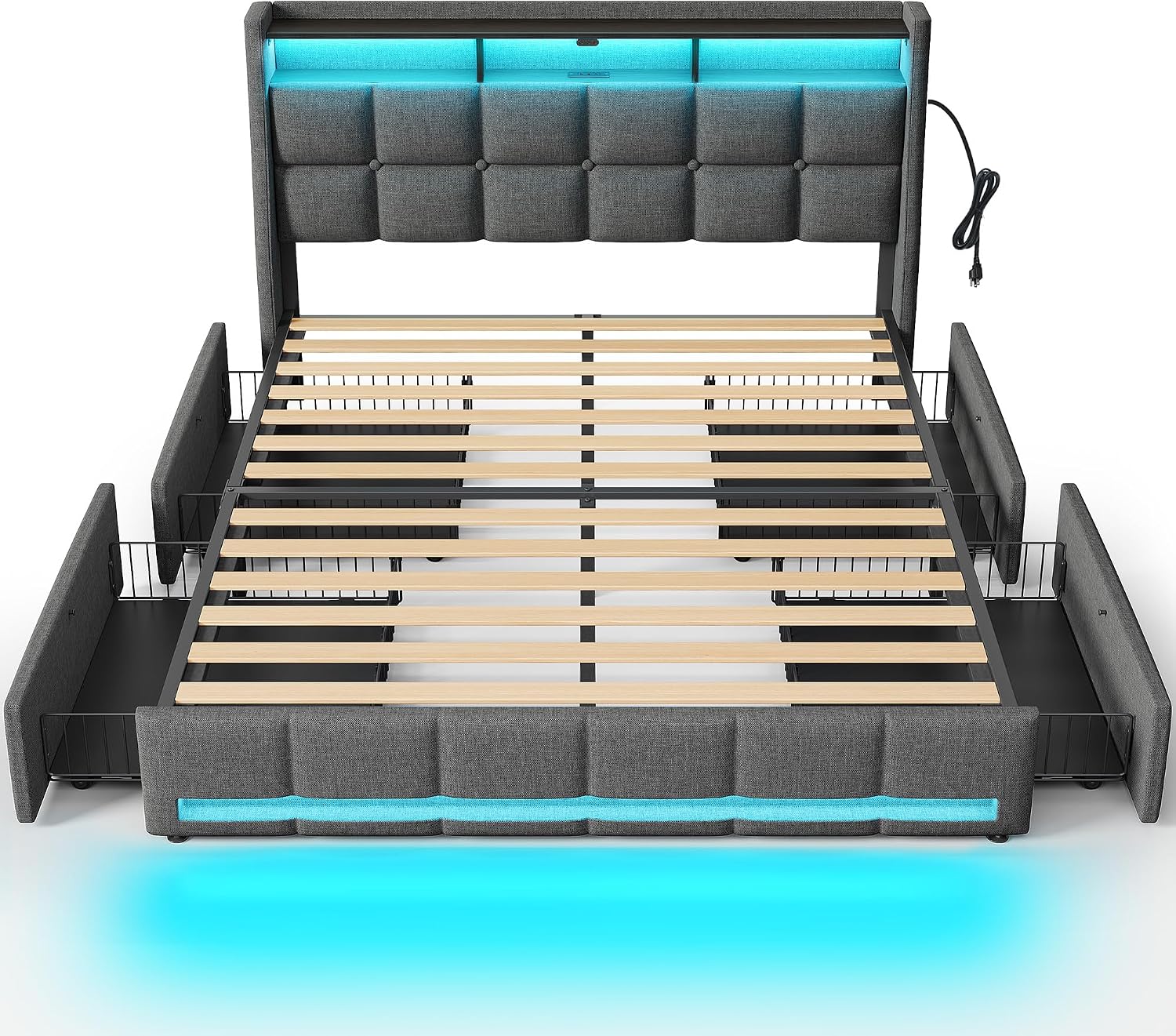 Rolanstar Queen Size Bed Frame with RGB LED Lights & Charging Station, Upholstered Storage Headboard with 4 Drawers, Heavy Duty Metal Frame, No Box Spring Needed, Easy Assembly