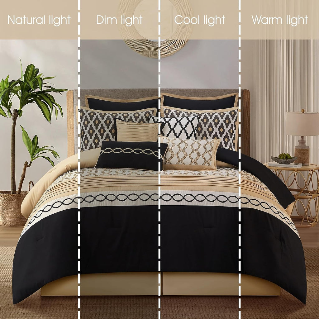 Grand Avenue Black Gold Queen Comforter Set, 10 Piece, Jacquard Bedding Comforters & Sets, Matching Bedskirt, Pillows & Shams, Ultra-Soft