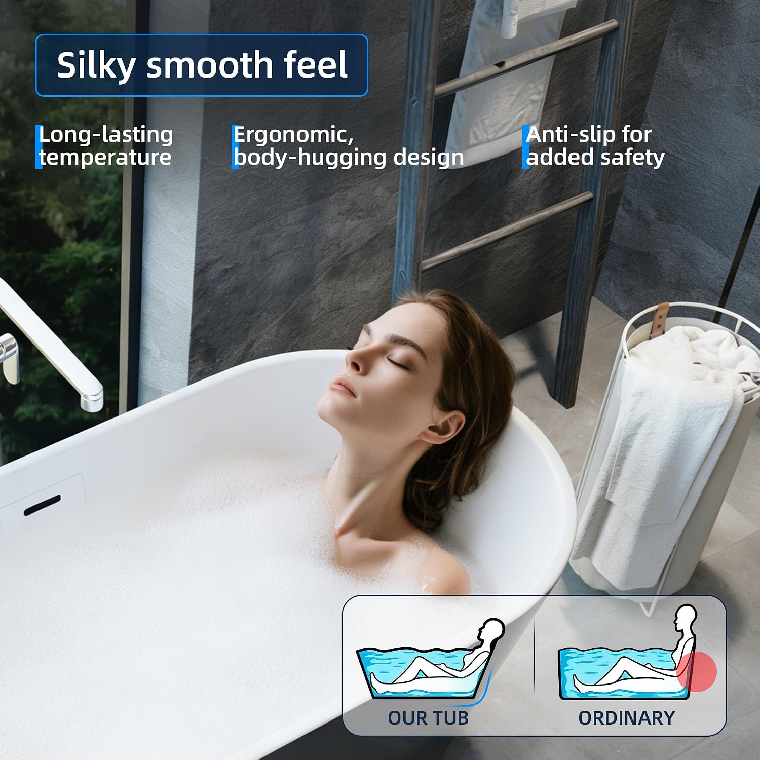 67' Acrylic Freestanding Bathtub, Deep Soaking Tub with Non-Slip Base, cUPC Certified Free Standing Tub, Chrome Drain Bath Tub, Modern Tub for Bathrooms, Black