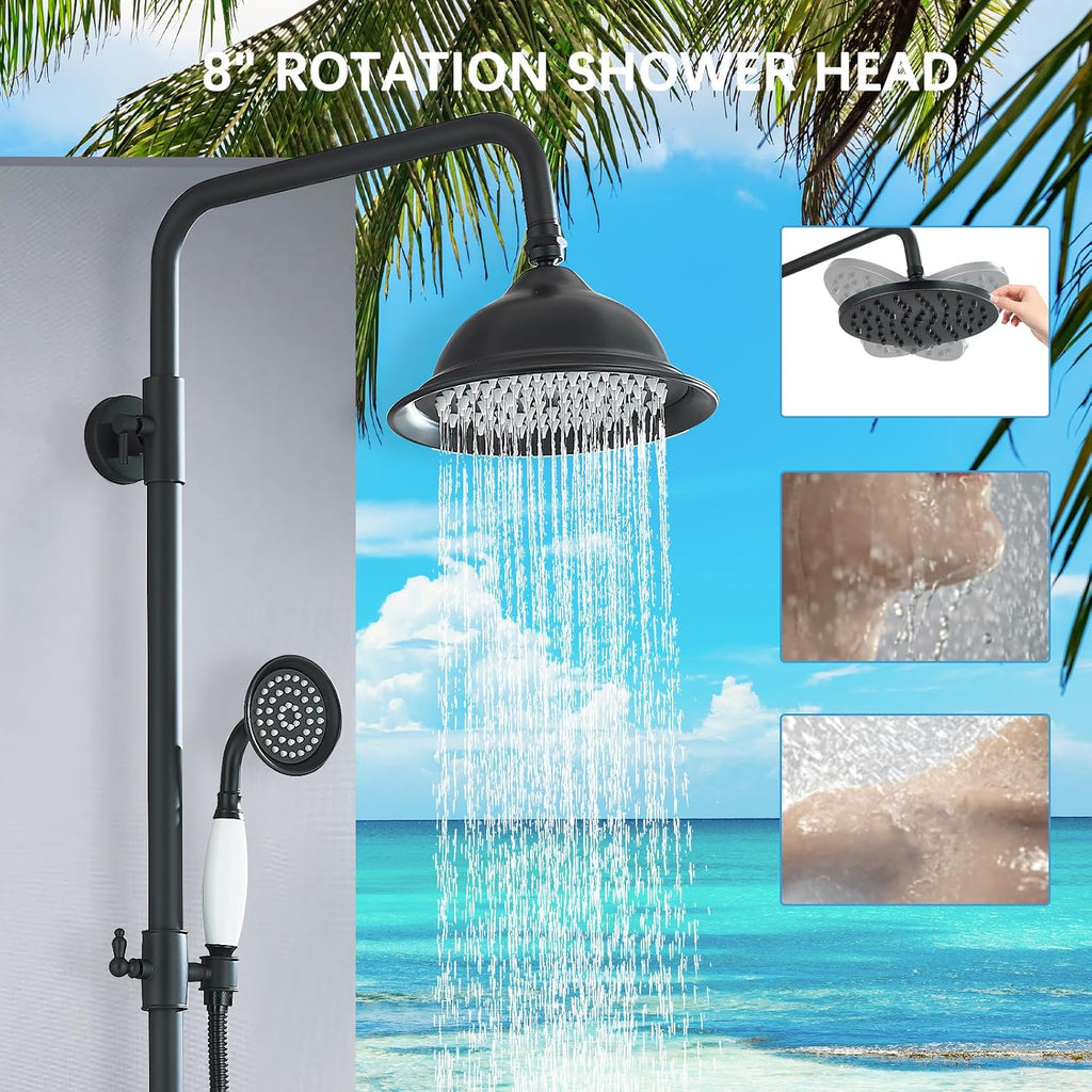 Shower System Matte Black Outdoor Shower Fixtures with 8 Inch Shower Head Handheld Spray and Tub Spout 2 Cross Handles Wall Mounted Shower Faucet Set for Bathroom or Backyard