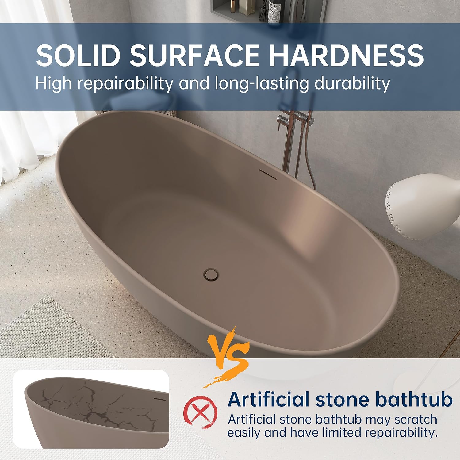 65'' Stone Resin Solid Surface Freestanding Bathtub, Modern Elegant Design Soaking Stand Alone Tub, Light Gray, Drain and Overflow Included