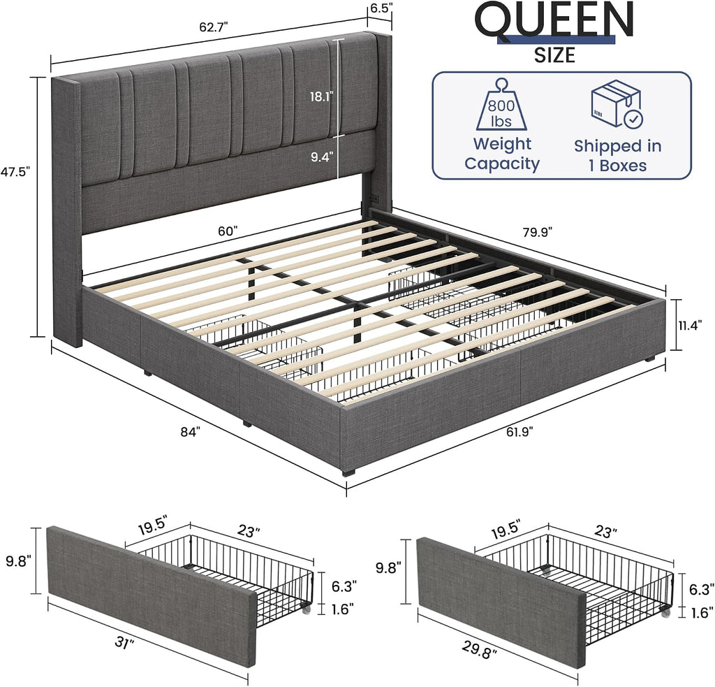 BRELTAM Queen Size Bed Frame with 4 Storage Drawers Linen Upholstered Platform Bed with Wingback Headboard, No Box Spring Needed, Easy Assembly, Light Grey