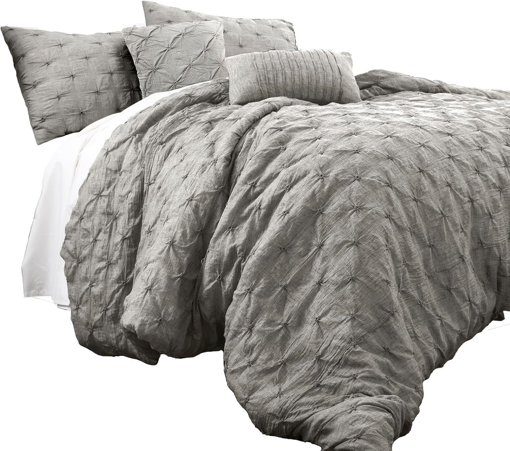 Lush Decor Ravello Pintuck Comforter Set - Luxe 5 Piece Textured Bedding Set - Traditional Glam & Farmhouse Inspired Bedroom Decor - King, Gray