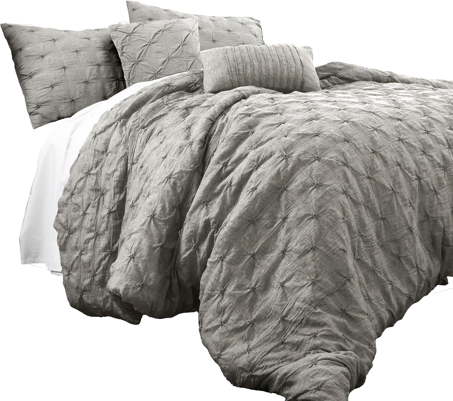 Lush Decor Ravello Pintuck Comforter Set - Luxe 5 Piece Textured Bedding Set - Traditional Glam & Farmhouse Inspired Bedroom Decor - King, Gray