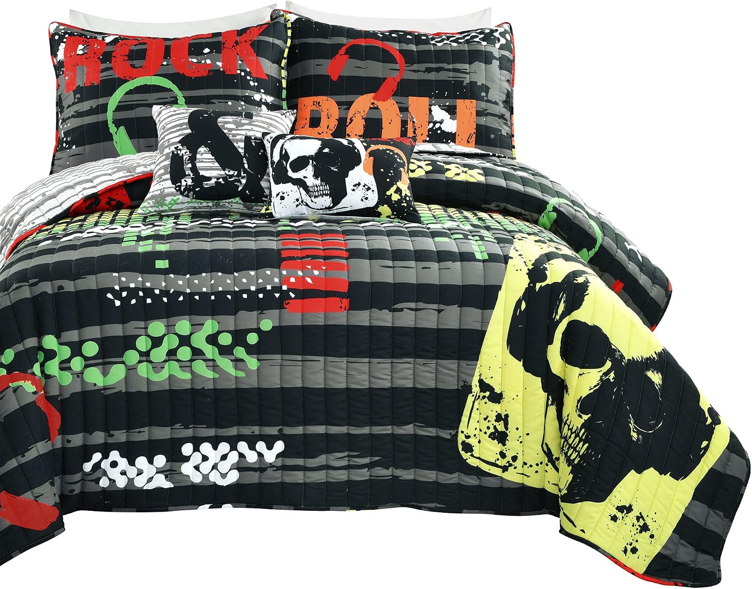 Lush Decor Rock N Roll Reversible 5 Piece Quilt Set, Full/Queen, Black