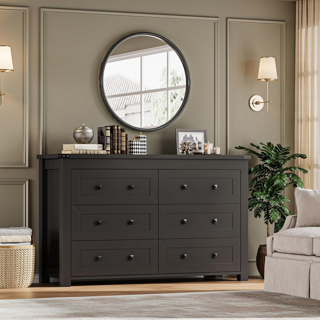 BORNOON 6-Drawer Dresser, Modern Wooden Storage Chest of Drawers, Dresser TV Stand, Wood Drawer Organizer with Metal Handles for Bedroom, Living Room, Hallway