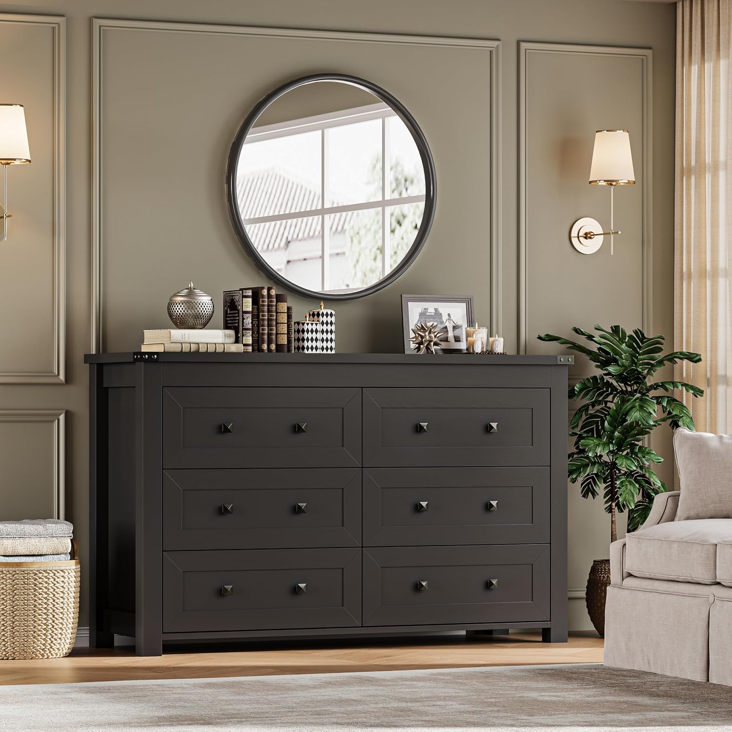 BORNOON 6-Drawer Dresser, Modern Wooden Storage Chest of Drawers, Dresser TV Stand, Wood Drawer Organizer with Metal Handles for Bedroom, Living Room, Hallway