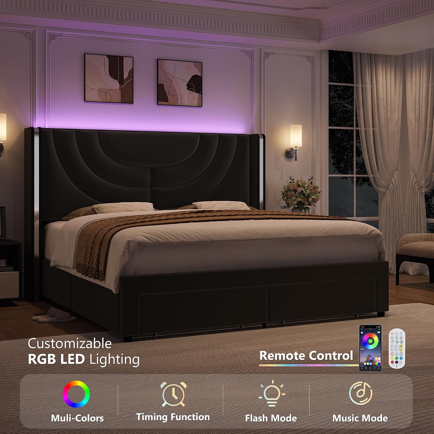 HITHOS Full Upholstered LED Bed Frame with 2 Storage Drawers, Velvet Platform Bed with Wingback Headboard, Solid Wooden Slats Support, No Box Spring Needed, Headboard Splicing Design, Black