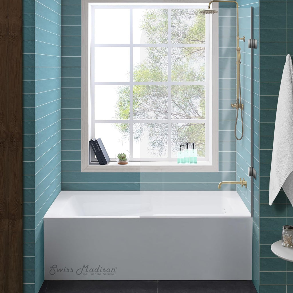 Swiss Madison Voltaire 54 x 30 Skirted Right Drain Soaking Apron Bathtub in Glossy White with Integrated Overflow and Armrest, Drain Included