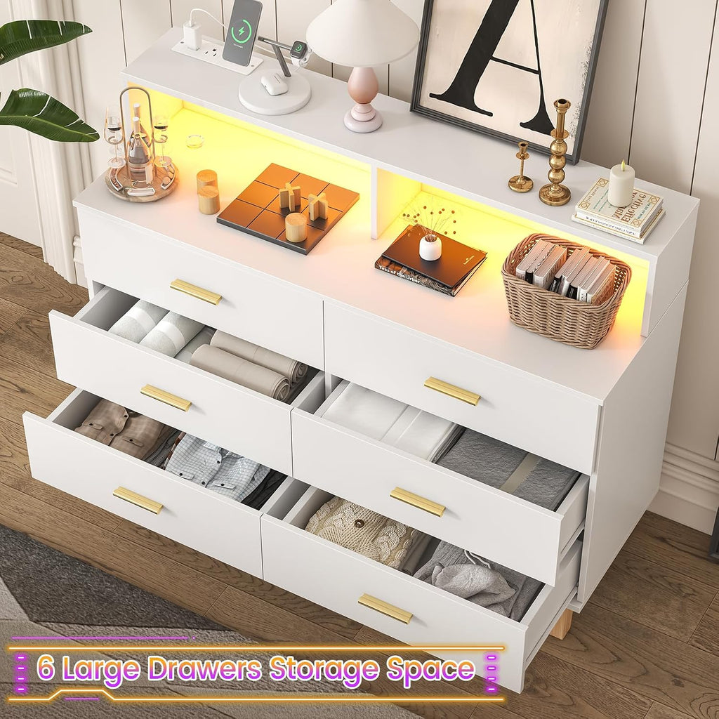 knoworld White 6 Drawer Dresser for Bedroom, Chest of Drawers with LED Light and Power Outlet, Tall Wide Dresser for Organizer Cabinet Bedroom,Living Room,Hallway, Entryway