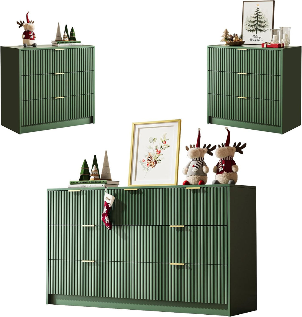 MAISONARIA 3-Piece Dresser Bedroom Set, 7 Drawer Dresser & 3 Drawer Nightstands with Gold Handles, Fluted Wood Chest of Drawers for Bedroom, Living Room, Entryway, Green
