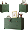 MAISONARIA 3-Piece Dresser Bedroom Set, 7 Drawer Dresser & 3 Drawer Nightstands with Gold Handles, Fluted Wood Chest of Drawers for Bedroom, Living Room, Entryway, Green