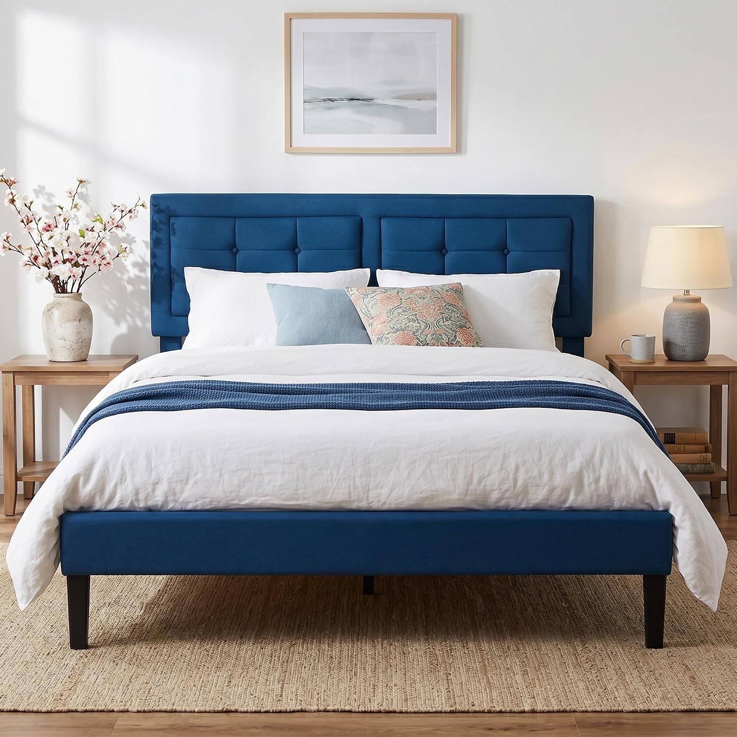 VECELO Full Size Bed Frame, Adjustable Upholstered Button Tufted Headboard, Heavy-Duty Bedframe with Wood Slats Support, No Box Spring Needed, Aegean Blue