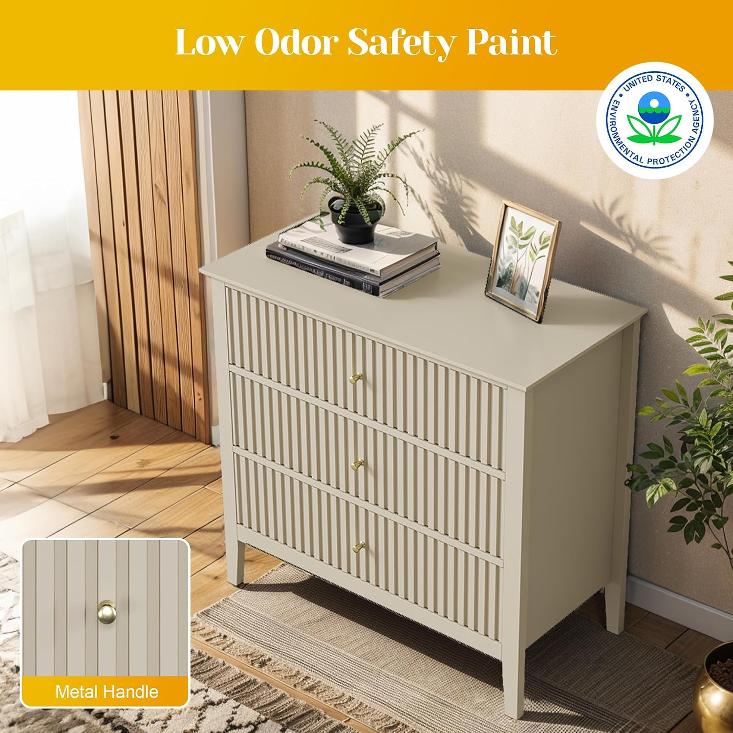 May in Color Large Beige Fluted 3 Drawer Dresser Set of 2, Chest of Drawers with Ball Bearing Slide Modern 30 inch Tall Wood Nightstand with Spacious Storage for Bedroom Hallway Living Room Entryway