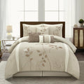 Grand Avenue Beige Comforter Set King Size, 7 Piece Embroidery Bedding Set, Pillow Sham, Bedskirt, Decorative Pillow, Floral Comforters, Home Decor