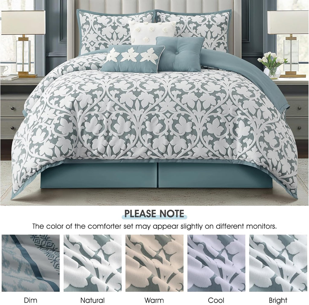 LANCO MODERN LIFESTYLE 7 Pieces Comforter Set, Queen, Blue, Jacquard Floral Pattern and Classy Damask Medallion Design, Ultra Soft, Includes Bed Skirt, Shams, and Decorative Pillows