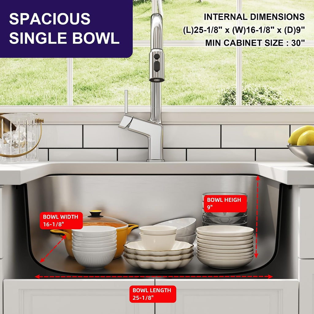 27 Inch Undermount Kitchen Sink 18 Gauge Stainless Steel Single Bowl Curved Shape Round Corner Arc Design Sinks with Basket Strainer and Bottom Grid 27' x 18' x 9'