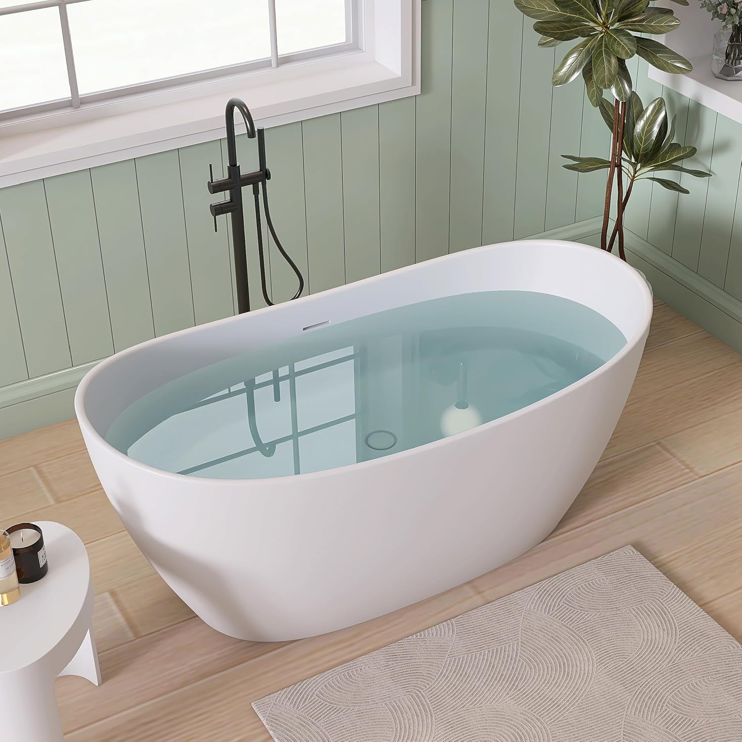 SJ STAR&JANE 55' Solid Surface Freestanding Bathtub Stone Resin Tub Oval Double Slippers Stand Alone Soaking Tub with Pop-up Drain and Overflow, Matte White