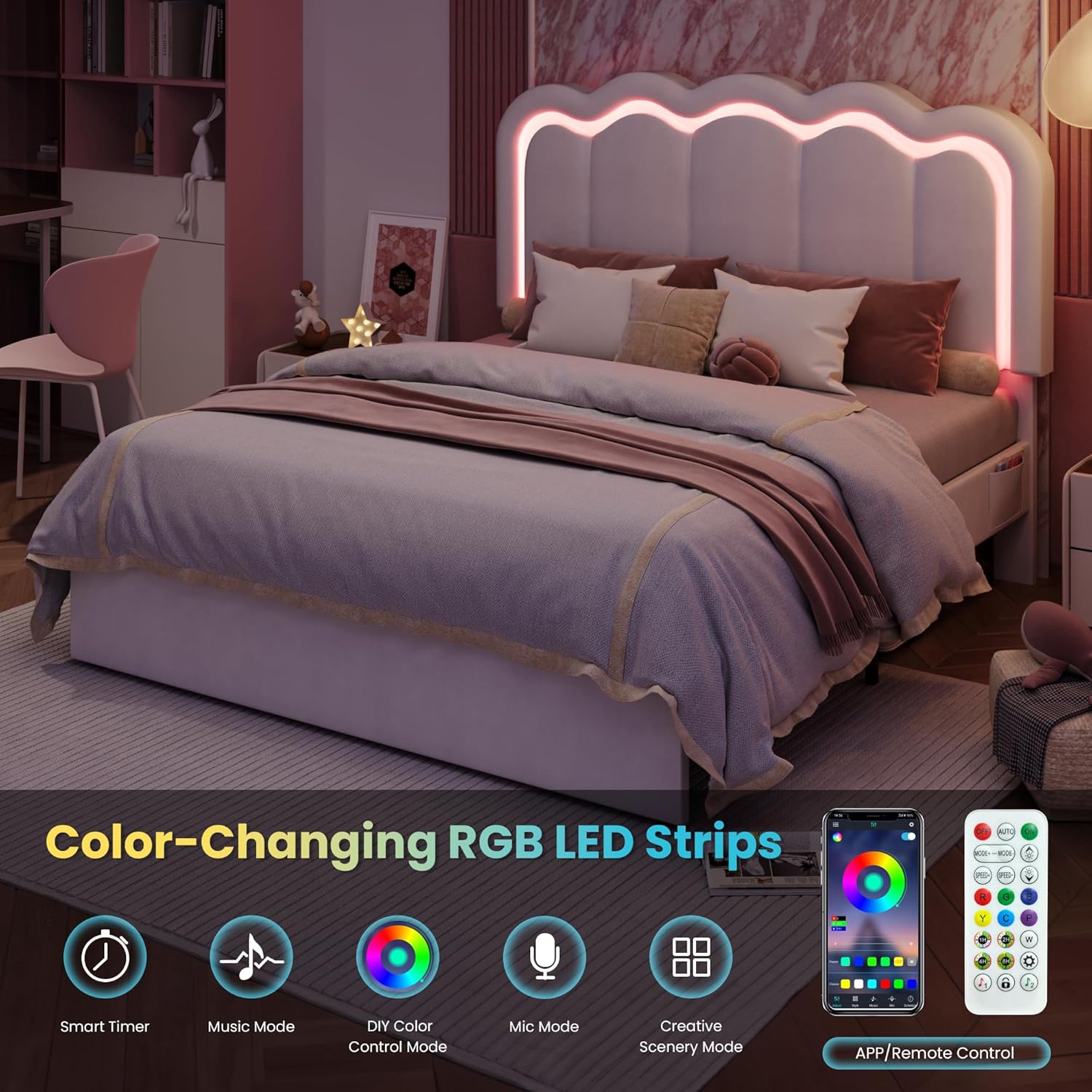 SHA CERLIN Upholstered Full Size Bed Frame with LED Lights and Large Storage Drawer, Velvet Platform Bed with Adjustable Wavy Headboard, Noise Free, Easy Assembly, No Box Spring Needed, Soft White