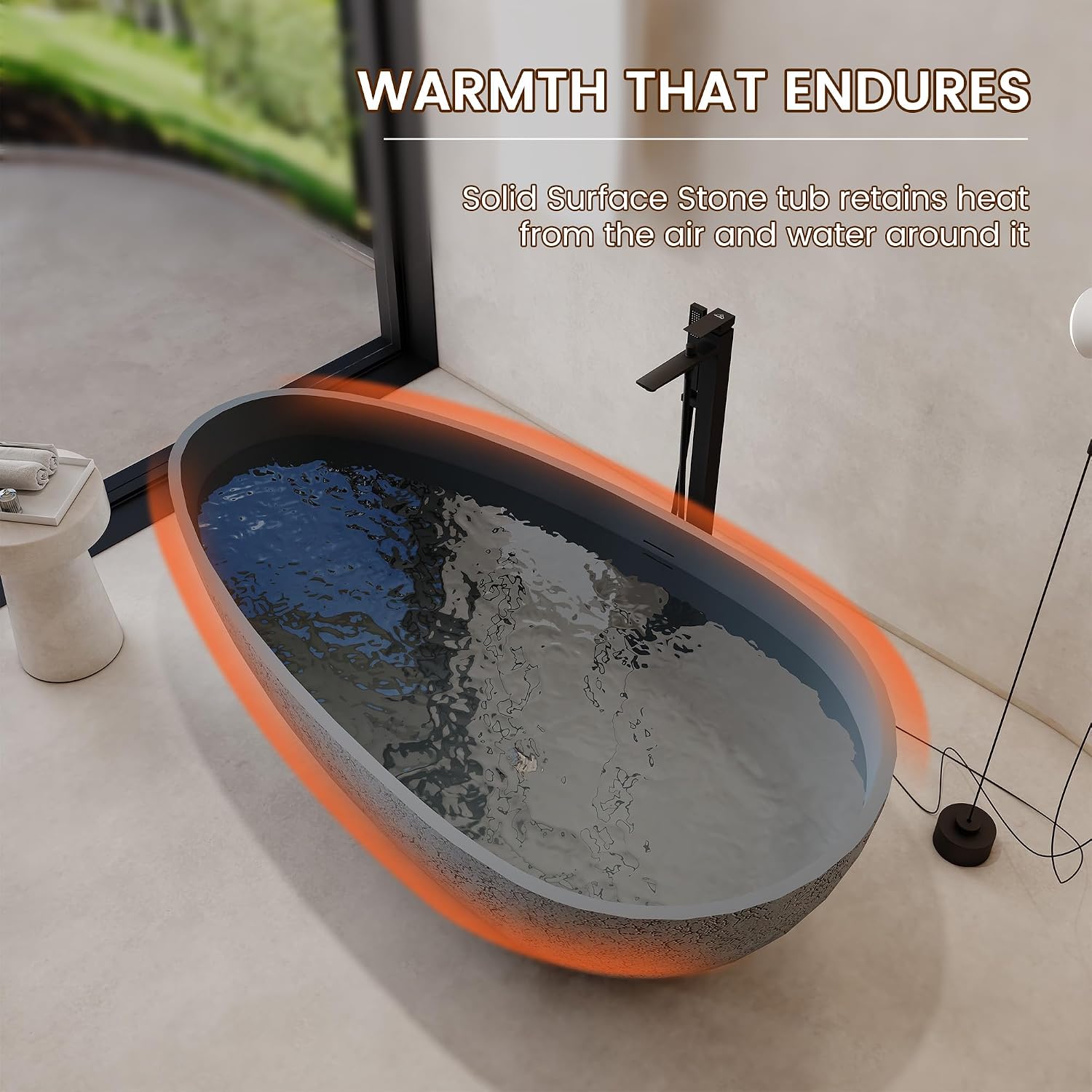 67 Inch Solid Surface Free Standing Tub Oval Stone Resin Soaking Tub Featuring Unique Style of Cement Color, 14.37 Inches Soaking Depth, 75.82 Gallons Water Capacity