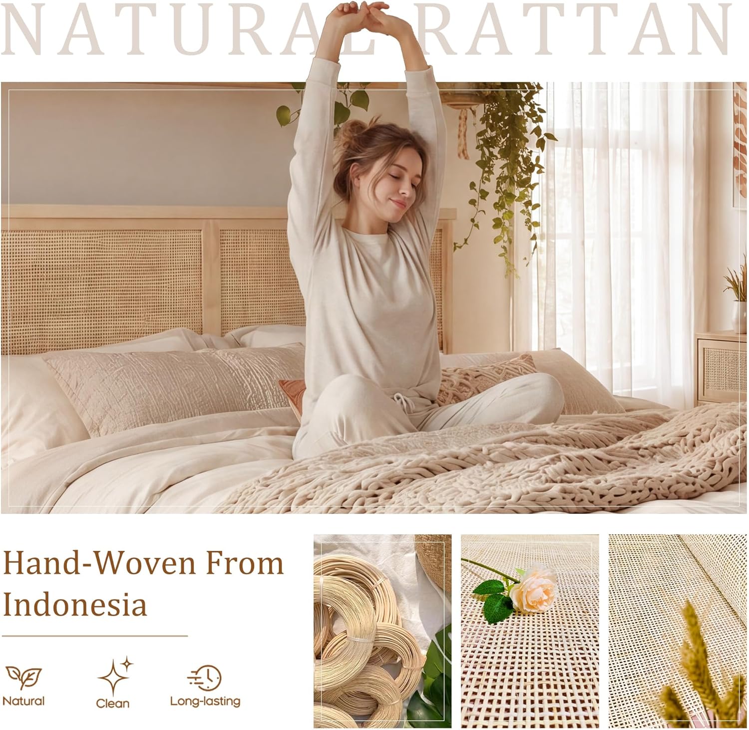 Brafab Natural Rattan Full Size Bed Frame with Wooden Headboard and 4 Storage Drawers, Boho Light Oak Bedframe Cane Wood Metal Platform Beds with Strong Wooden Slat, Noise Free, No Box Spring Needed