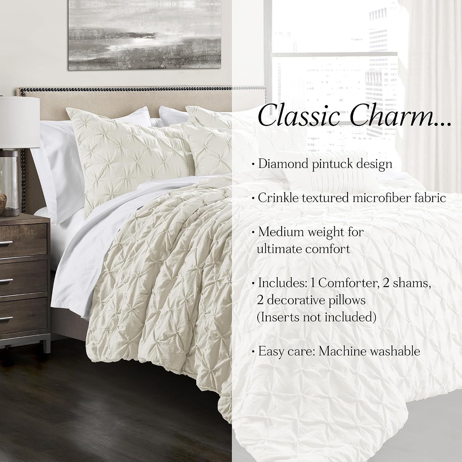 Lush Decor Ravello Pintuck Comforter Set - Luxe 5 Piece Textured Bedding Set - Traditional Glam & Farmhouse Inspired Bedroom Decor - Full/ Queen, Ivory