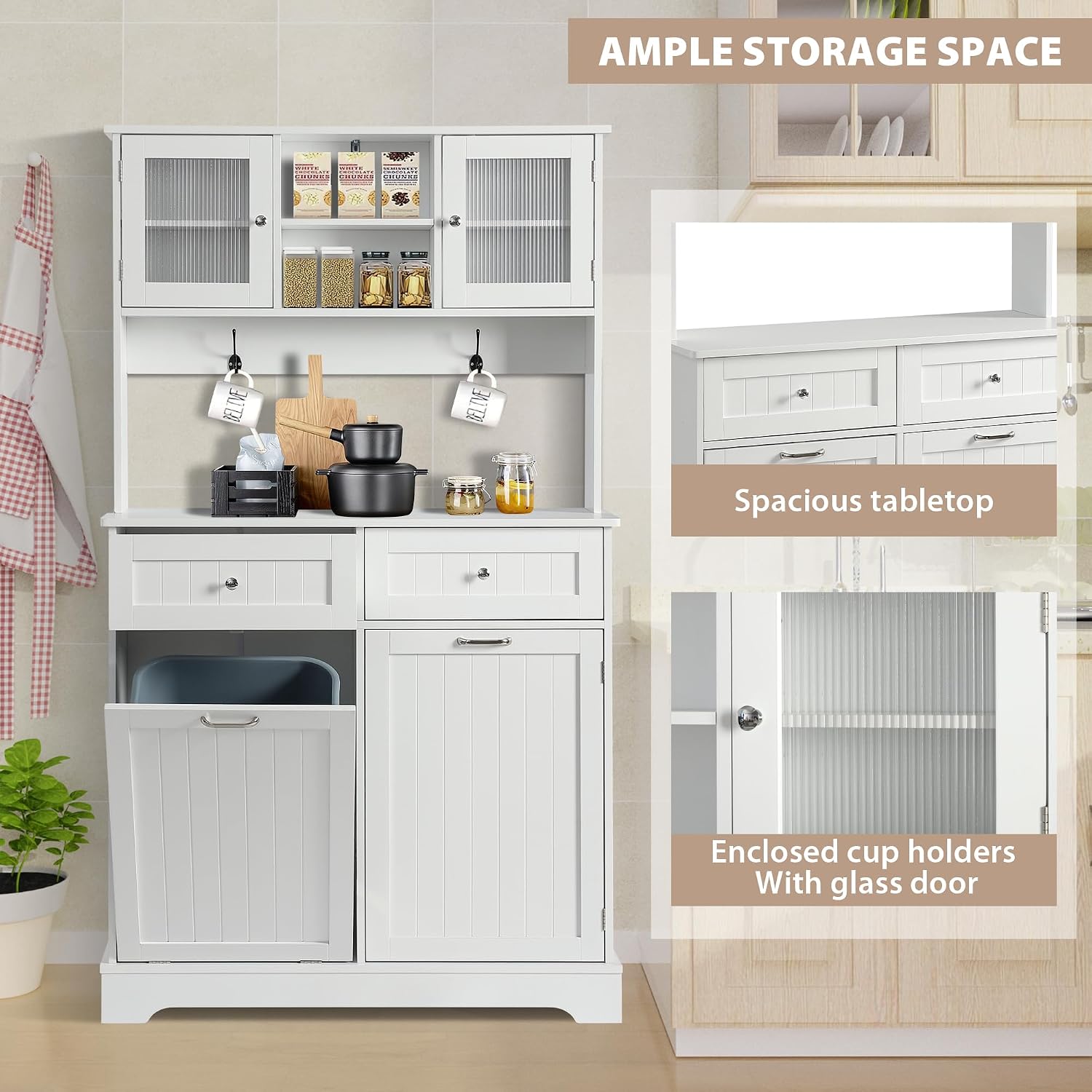 Tilt Out Trash Cabinet,Storage Cabinet,Two Solid Wood Hideaway Trash Holder Drawers,Wooden Freestanding Recycling Cabinets,Trash Can for Kitchen,White