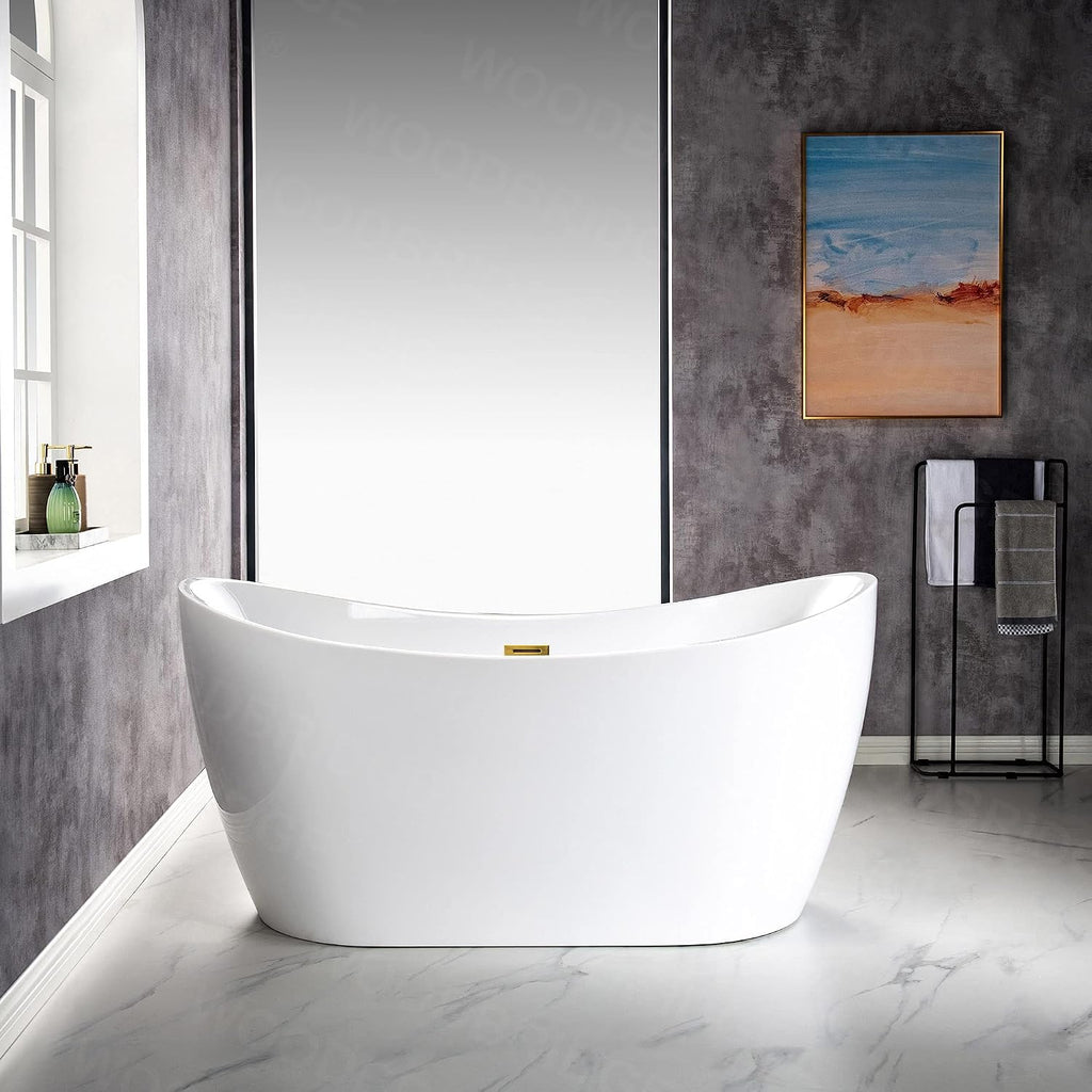 WOODBRIDGE 59' Acrylic Freestanding Bathtub Contemporary Soaking White Tub with Brushed Gold Overflow and Drain,BTA1516 BG