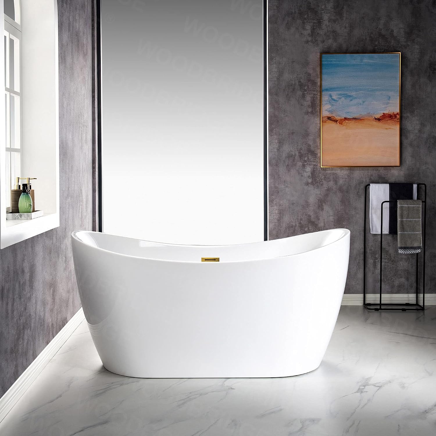 WOODBRIDGE 59' Acrylic Freestanding Bathtub Contemporary Soaking White Tub with Brushed Gold Overflow and Drain,BTA1516 BG