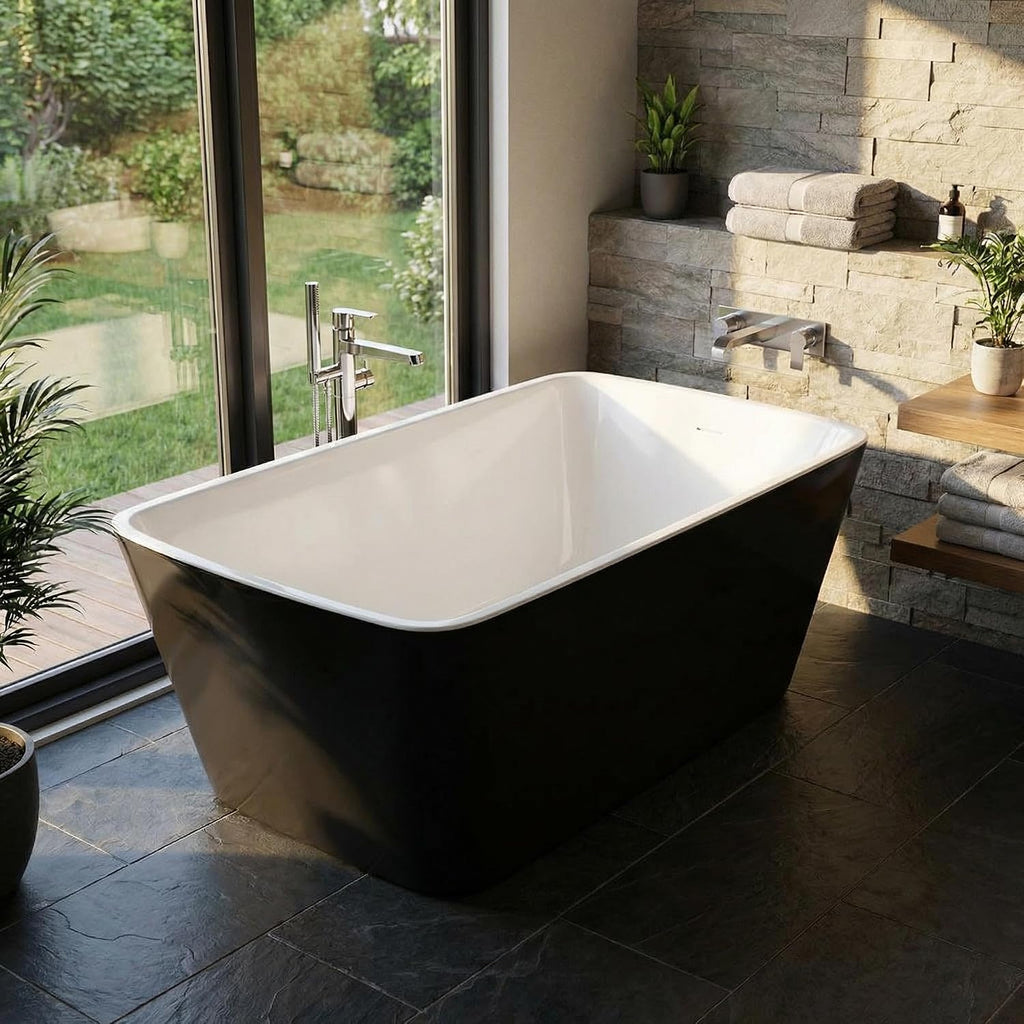 49 Inch Freestanding Bathtub Acrylic Deep Soaking Tub with Chrome Overflow & Drain, Compact Sit-In Design for Small Bathroom Renovation, Easy Install Modern (Black & Gloss White Finish)